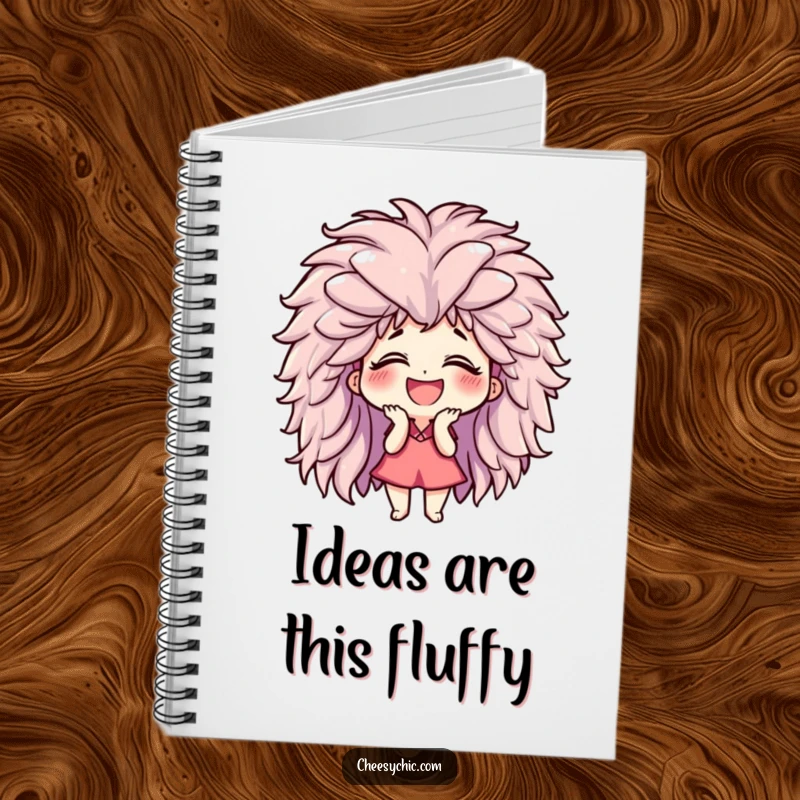 Funny notebook with a small stylized character giggling uncontrollably while wearing a giant, fluffy wig, inspiring humorous notes and doodles.