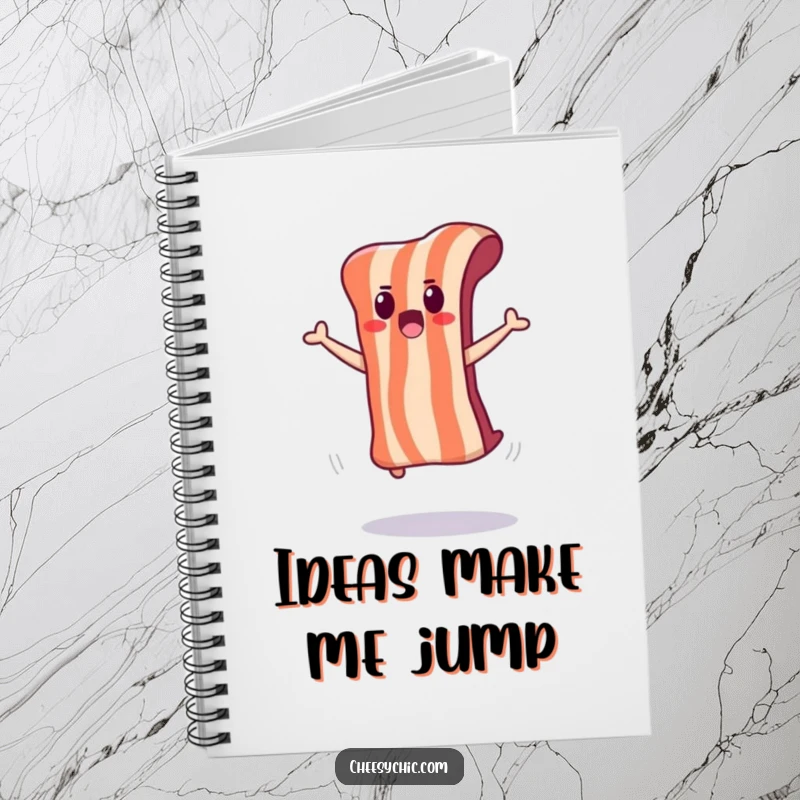 Funny notebook with a surprised bacon strip jumping, ideal for notes and sudden ideas.
