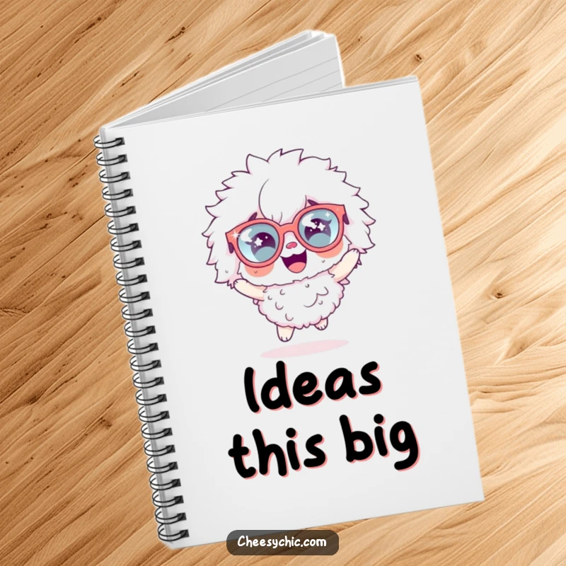 Funny notebook cover featuring a fluffy character wearing oversized sparkly glasses, captured in a joyful, energetic hopping pose.