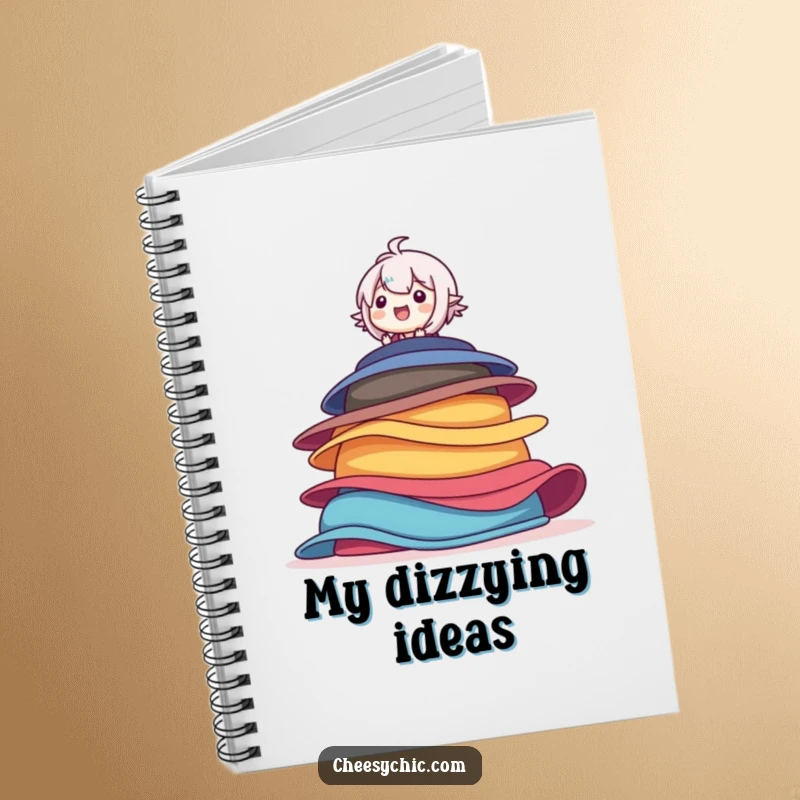Funny notebook cover featuring a character precariously balanced on a stack of colorful hats, with a look of pure delight.