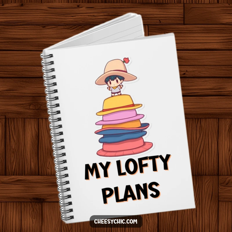 Funny Notebook with a small stylized character balancing on a tall stack of oversized, colorful hats, ready to write.