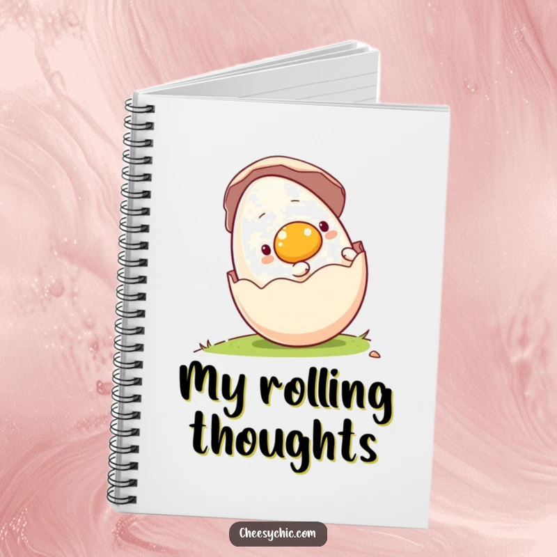 Funny notebook featuring a charming anthropomorphic egg rolling downhill in its shell, perfect for writing and planning adventures.