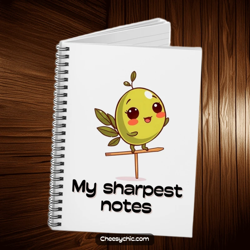 Funny Notebook with a design of an olive character balancing on a toothpick, great for jotting down witty notes.
