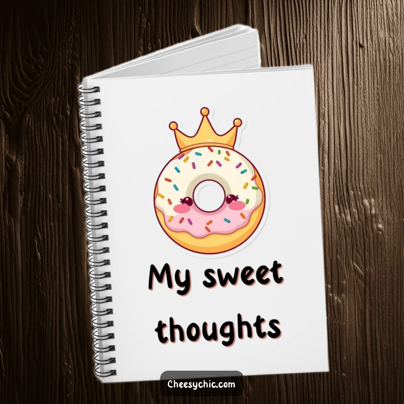 Funny Notebook with a design of a donut character wearing a sprinkle crown, ideal for writing sweet thoughts.