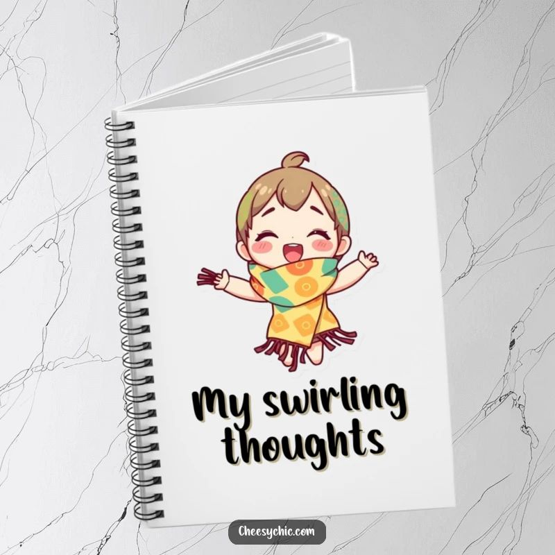 Funny notebook cover featuring a character spinning ecstatically in a brightly patterned scarf, perfect for journaling happiness.