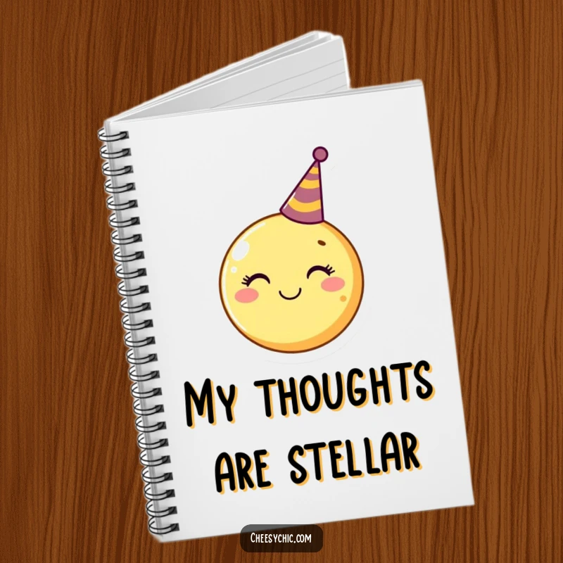 Funny Notebook with a smiling moon wearing a miniature party hat, ideal for jotting down funny ideas and notes.