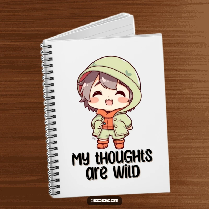 Funny notebook with a small stylized character in a spectacularly mismatched outfit, looking delighted, inspiring creative and joyful entries.