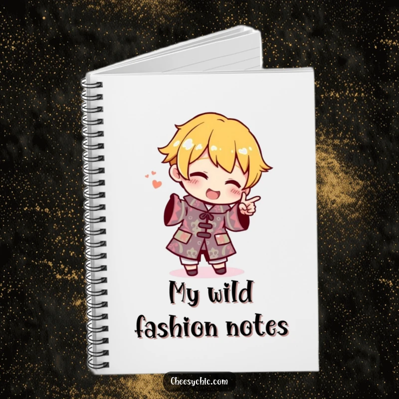 Funny Notebook with a small stylized character enthusiastically pointing at an outfit adorned with a wildly patterned design.