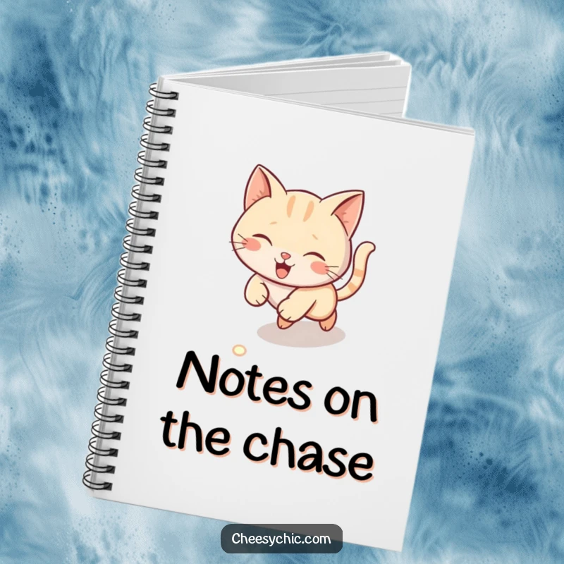 Funny notebook cover with a cute cat intently chasing a laser pointer dot across the floor, humorous and focused.