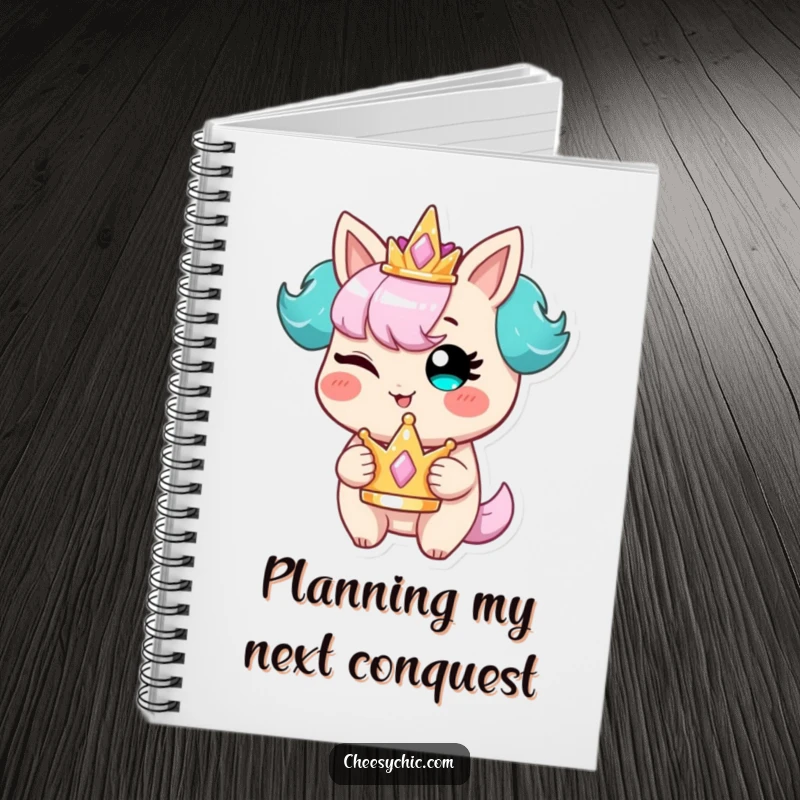 Funny notebook with a stylized character winking slyly, a tiny crown resting on its head, inspiring witty notes and playful ideas.
