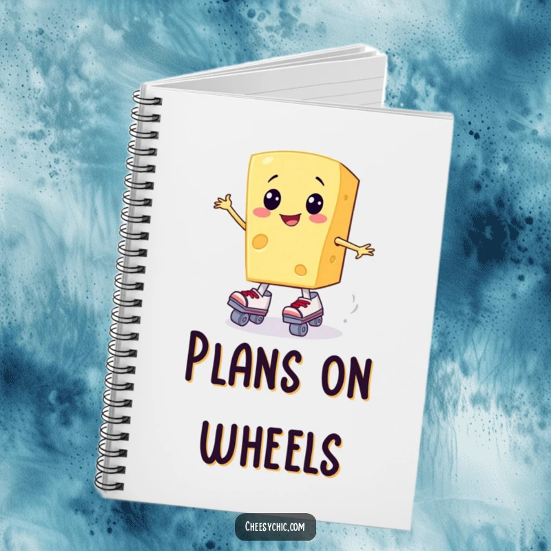 Funny notebook with a smiling cheese slice attempting to wear roller skates, great for notes.