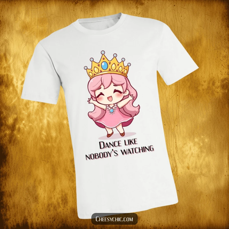 Funny T-shirt of a character wearing an oversized sequined tiara, performing a joyful little dance with flamboyant flair.
