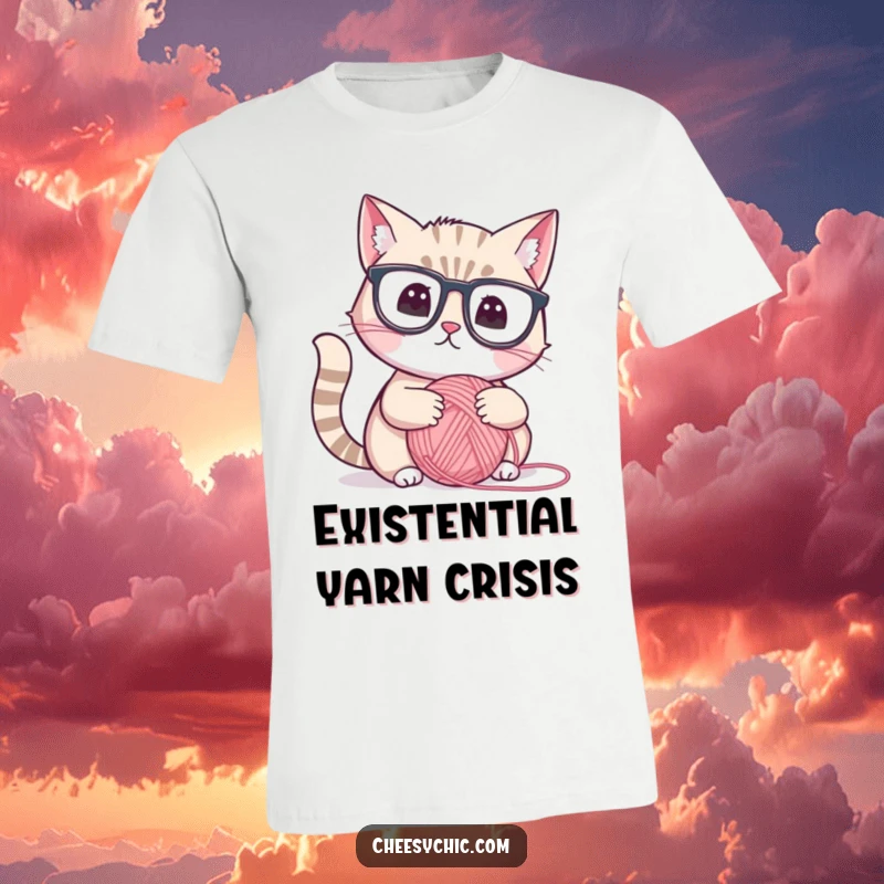 Funny t-shirt with a cute cat wearing reading glasses, pondering a yarn ball with intense focus, nerdy and humorous.