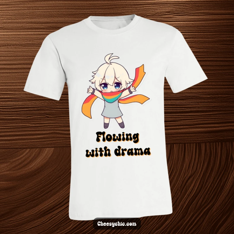Funny t-shirt featuring a character in a dramatic pose, a vibrant rainbow scarf flowing behind, radiating confidence and style.