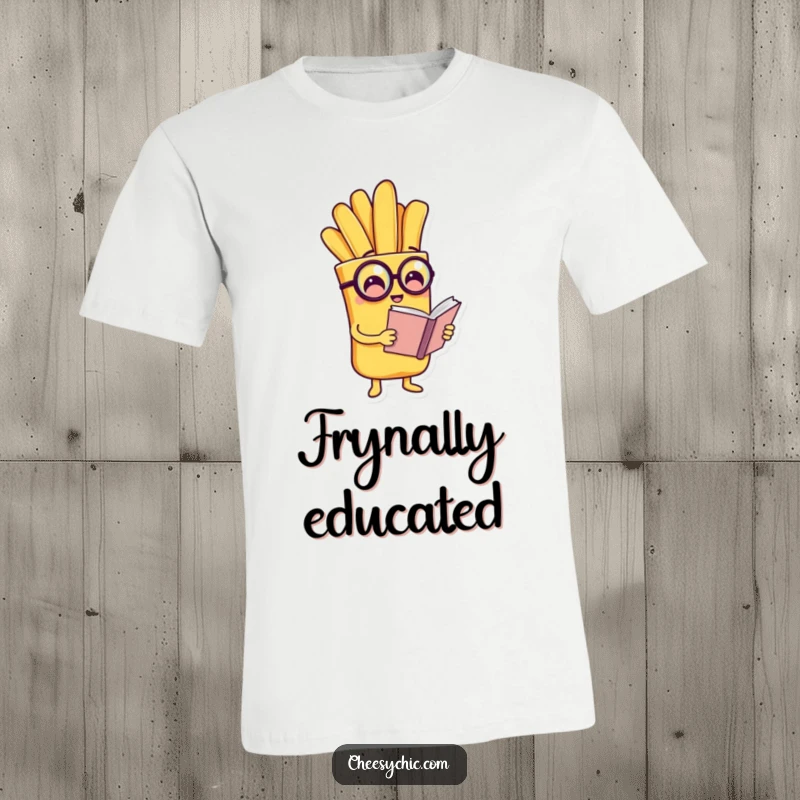 Funny t-shirt graphic of a charming anthropomorphic french fry wearing a monocle and reading a tiny book, looking quite distinguished.
