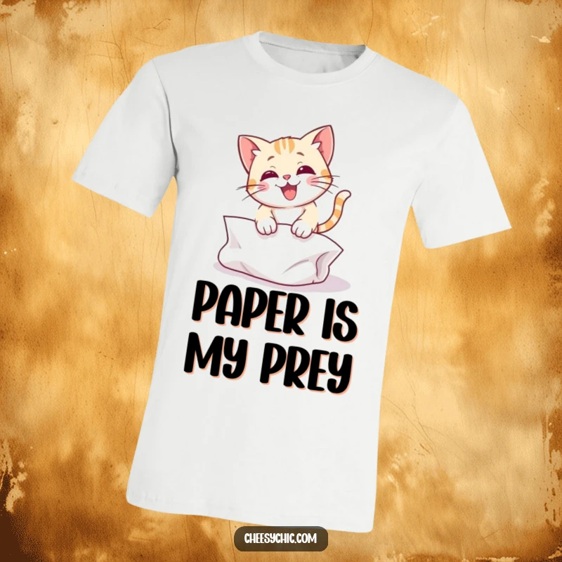 Funny t-shirt showcasing a cute cat character mid-air, joyfully pouncing with all its might on a crumpled paper ball.