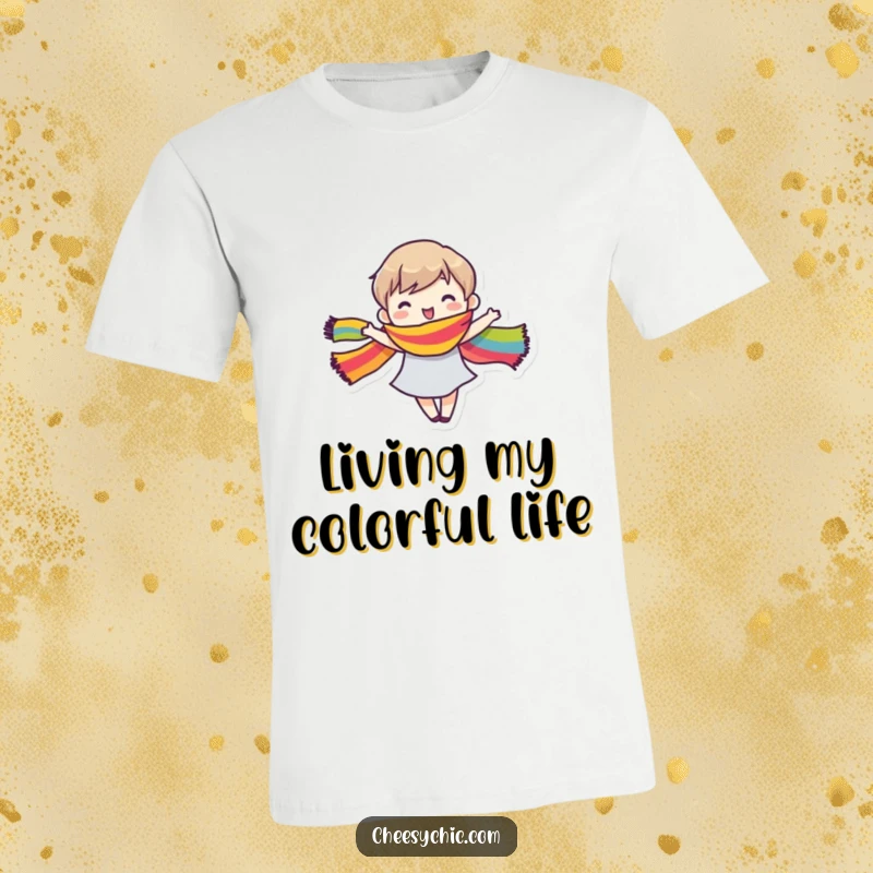 Funny T-Shirt depicting a small stylized character in a lively dance, exuberantly swirling a bright rainbow-colored scarf.