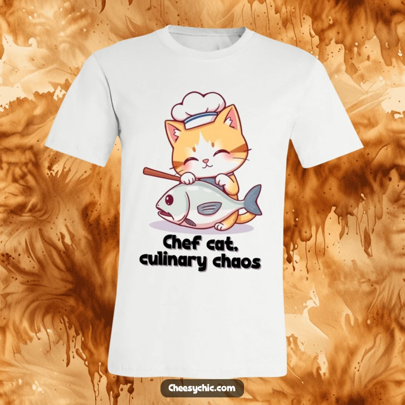 Funny t-shirt showing a cute cat in a chef hat playfully attacking a rolling fish, culinary and humorous.