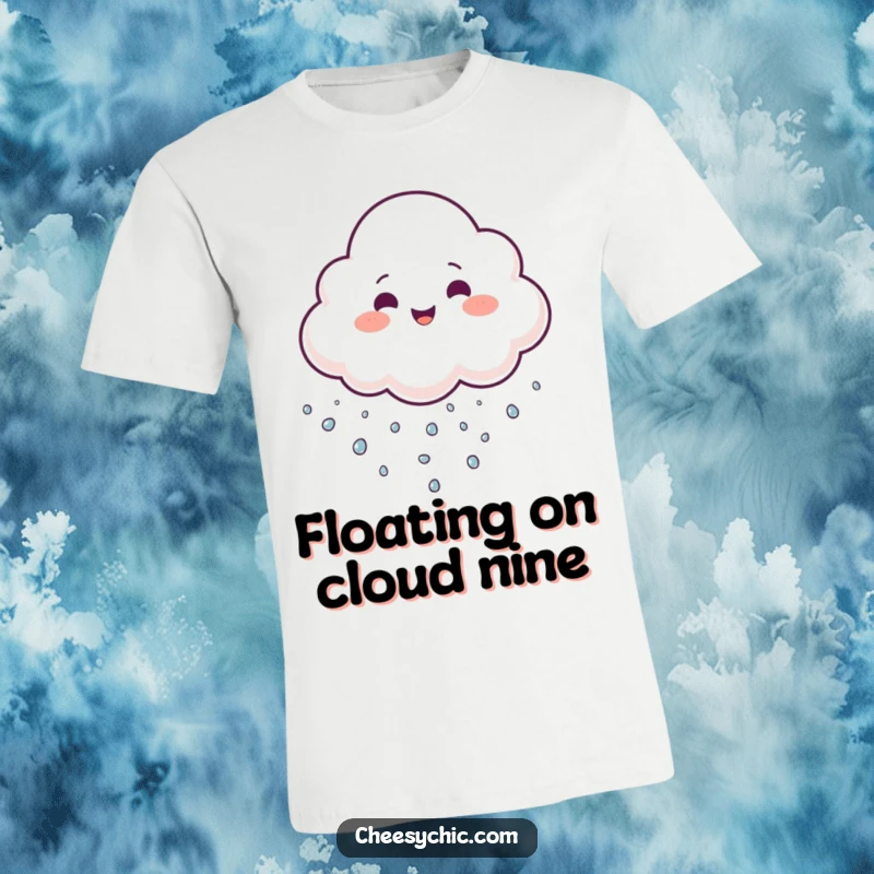 Funny T-Shirt with a cheerful cloud juggling tiny sparkling droplets, showcasing a playful and lighthearted personality.