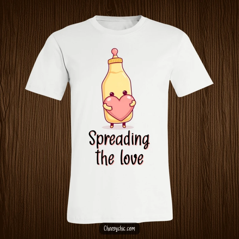 Funny t-shirt with a smiling anthropomorphic condiment bottle joyfully squeezing out a large heart, radiating happiness and love.