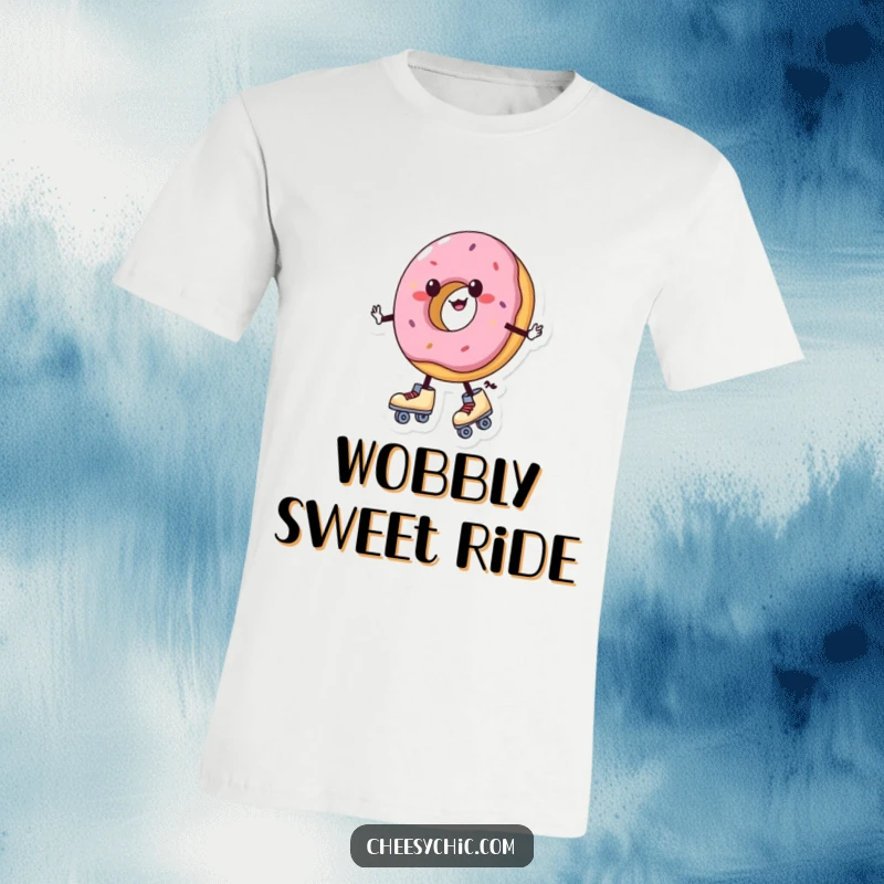 Funny t-shirt depicting a charming anthropomorphic donut wearing roller skates and wobbling, showcasing sweet, unsteady motion.