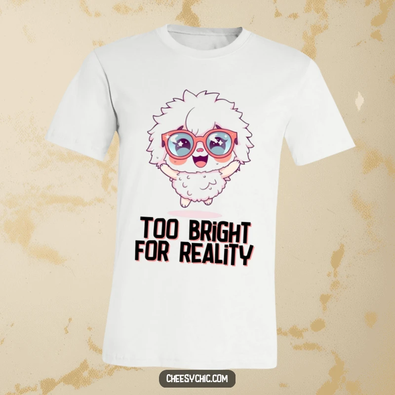 Funny T-shirt showcasing a fluffy character with huge sparkly glasses, mid-hop, radiating unrestrained happiness and contagious excitement.