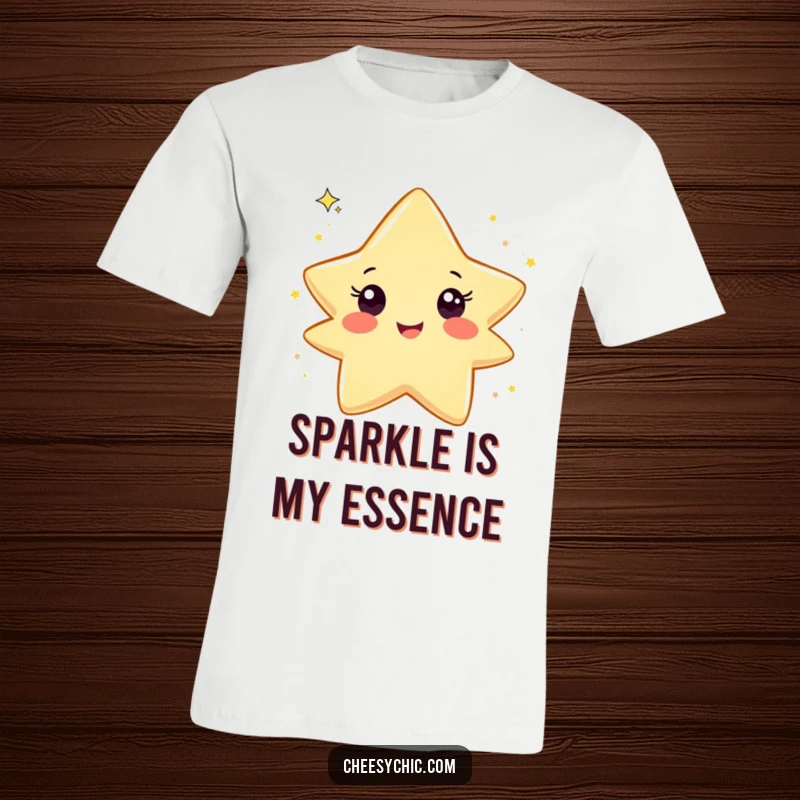 Funny t-shirt showcasing a happy star character in mid-air, joyfully tossing a cascade of glitter with infectious, playful delight.