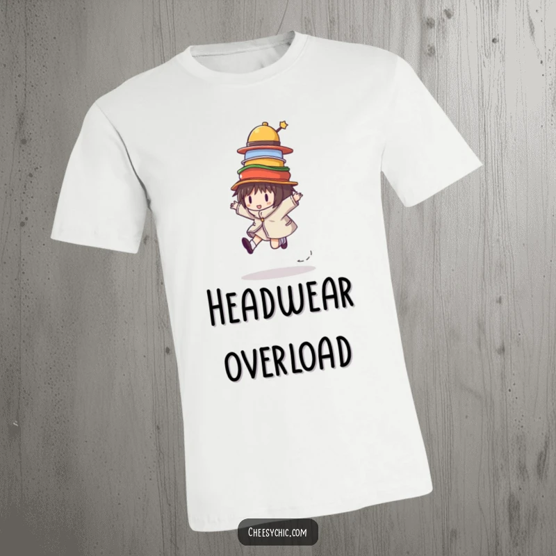 Funny t-shirt showcasing a character joyfully skipping while balancing an improbable pile of colorful hats, conveying playful energy.