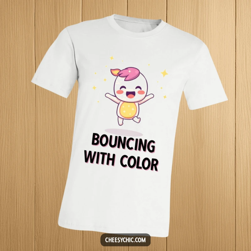 Funny t-shirt depicting a sparkly rainbow character bouncing energetically with infectious joy, radiating pure, unadulterated happiness.