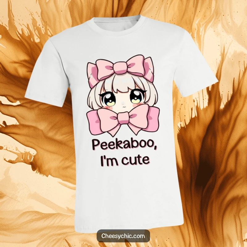 Funny t-shirt showing a character with big, bright eyes peeking adorably from behind a huge bow, exuding playful charm.