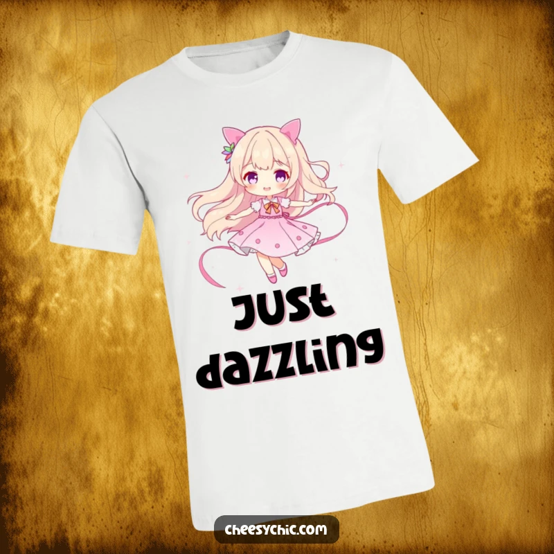 Funny t-shirt depicting a character gracefully twirling, creating a beautiful, flowing ribbon of pure sparkle, celebrating joy.
