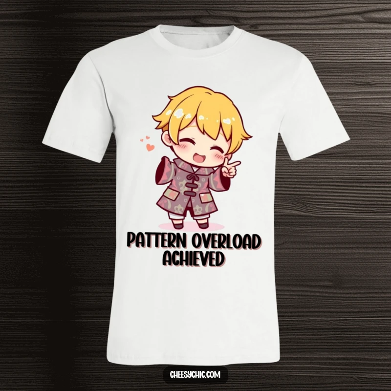Funny T-Shirt depicting a small stylized character enthusiastically pointing at an outfit with a wild and over-the-top pattern.
