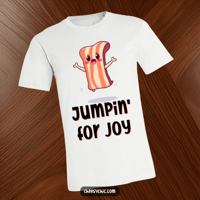 Funny t-shirt showing a cute anthropomorphic bacon strip doing a surprised jump, eyes wide.