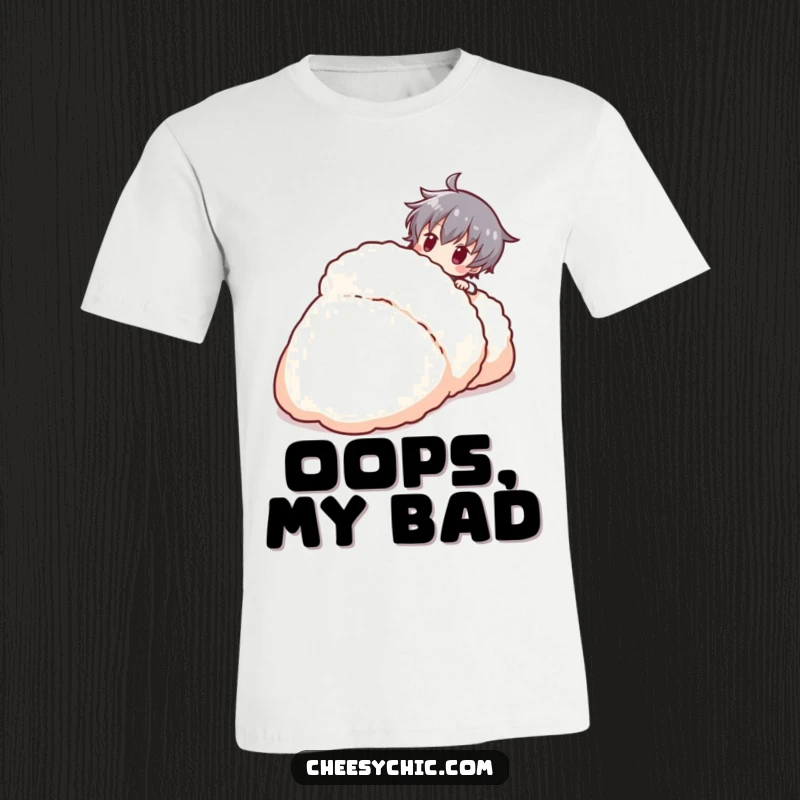 Funny stylized character comically tripping over an oversized fluffy slipper, a humorous t-shirt graphic.