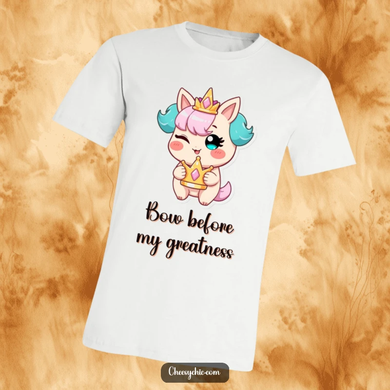 Funny t-shirt with a stylized character winking playfully, a tiny crown perched atop their head, exuding a mischievous royal aura.