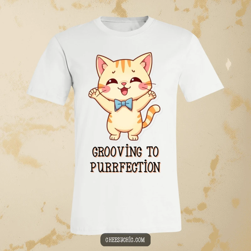 Funny t-shirt design of a cute cat character sporting a tiny bow tie, enthusiastically performing a silly, joyful dance.