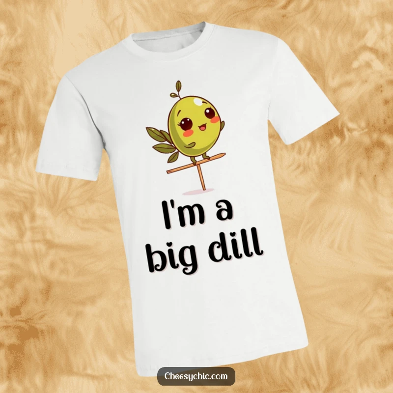 Funny T-Shirt featuring a mischievous olive character attempting to balance atop a toothpick, embodying playful risk.