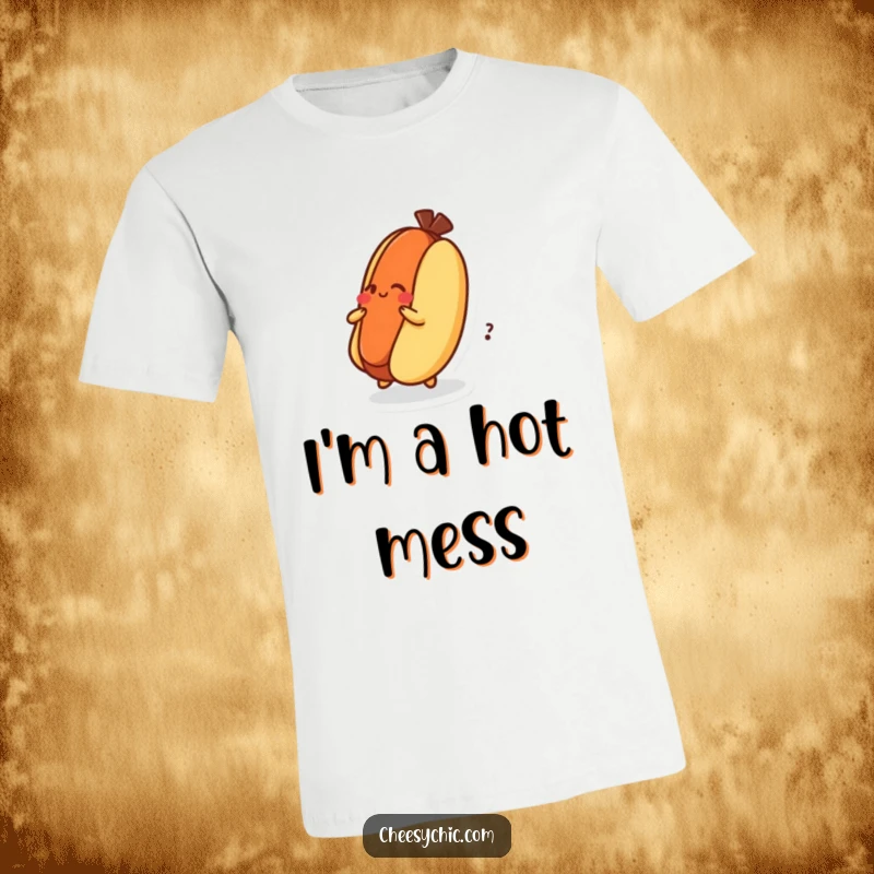 Funny T-Shirt showing a dizzy hot dog character spinning on its bun, a humorous and energetic food graphic.