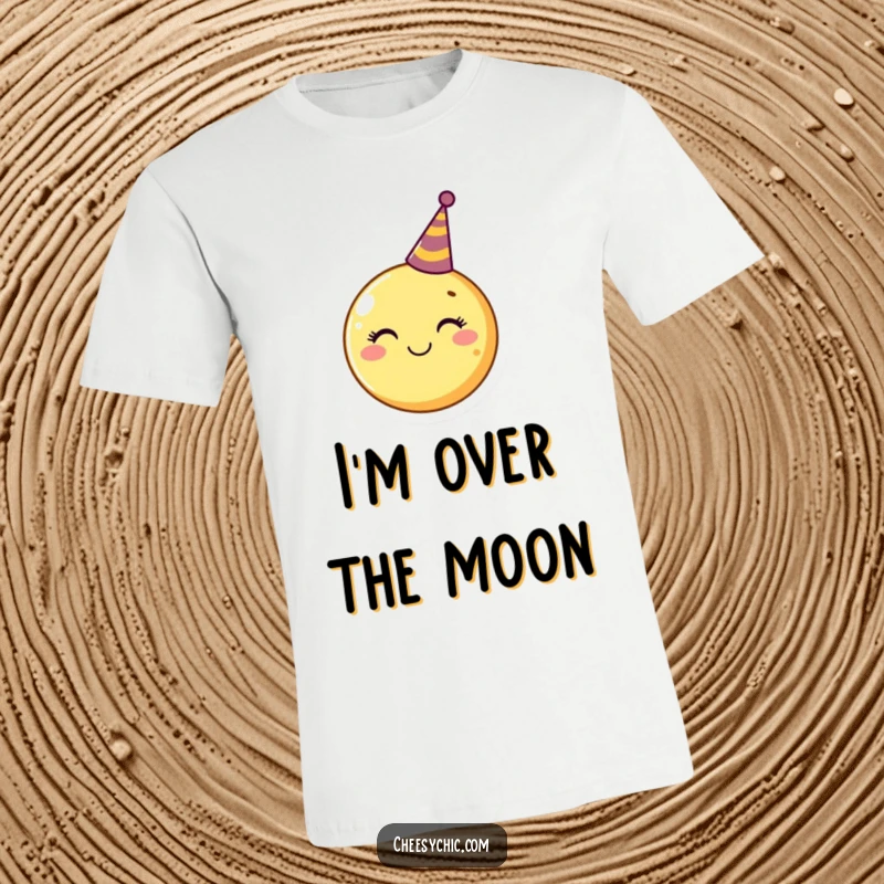 Funny T-Shirt with a smiling moon wearing a miniature party hat, radiating happiness and festive vibes.