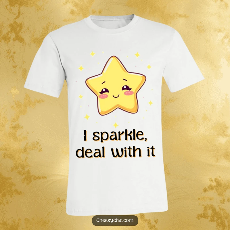 Funny T-Shirt with a giggling star showering tiny sparkles, showcasing a joyful and effervescent personality.
