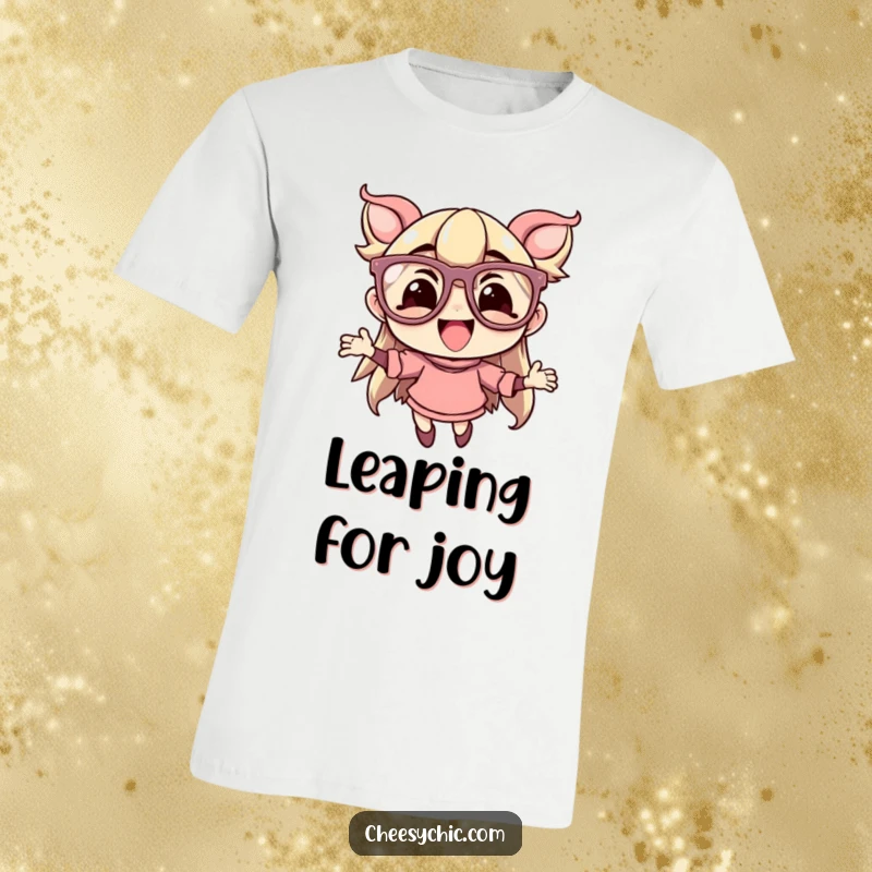Funny t-shirt showing a character with oversized, flamboyant glasses, caught in a joyful leap, exuding confidence and fun.