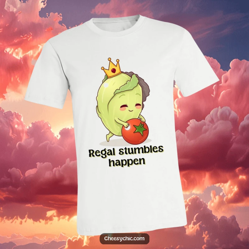 Funny t-shirt featuring a regal, anthropomorphic lettuce wearing a crown, tripping over a tomato in a comedic pose.