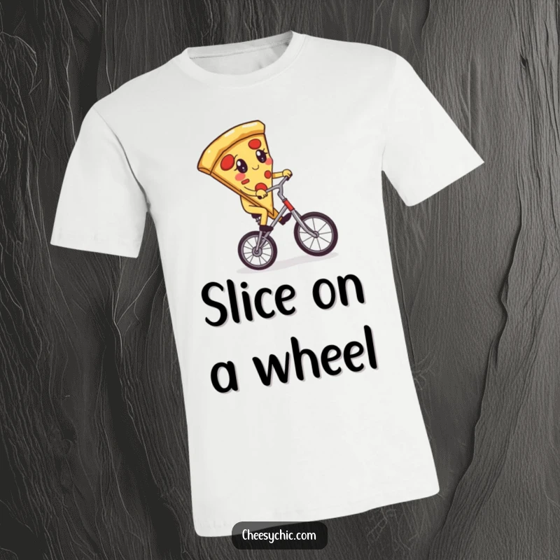 Funny t-shirt depicting an adorable anthropomorphic pizza slice attempting to ride a unicycle, a comical display of determination.