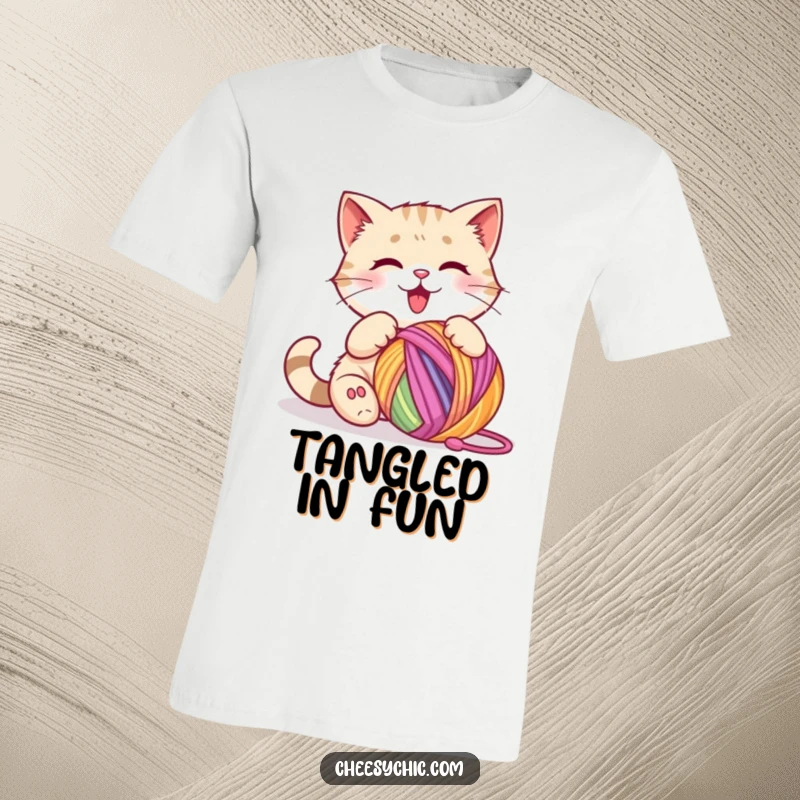 Funny t-shirt design of a cute cat character energetically batting at a bright, colorful ball of yarn with playful abandon.