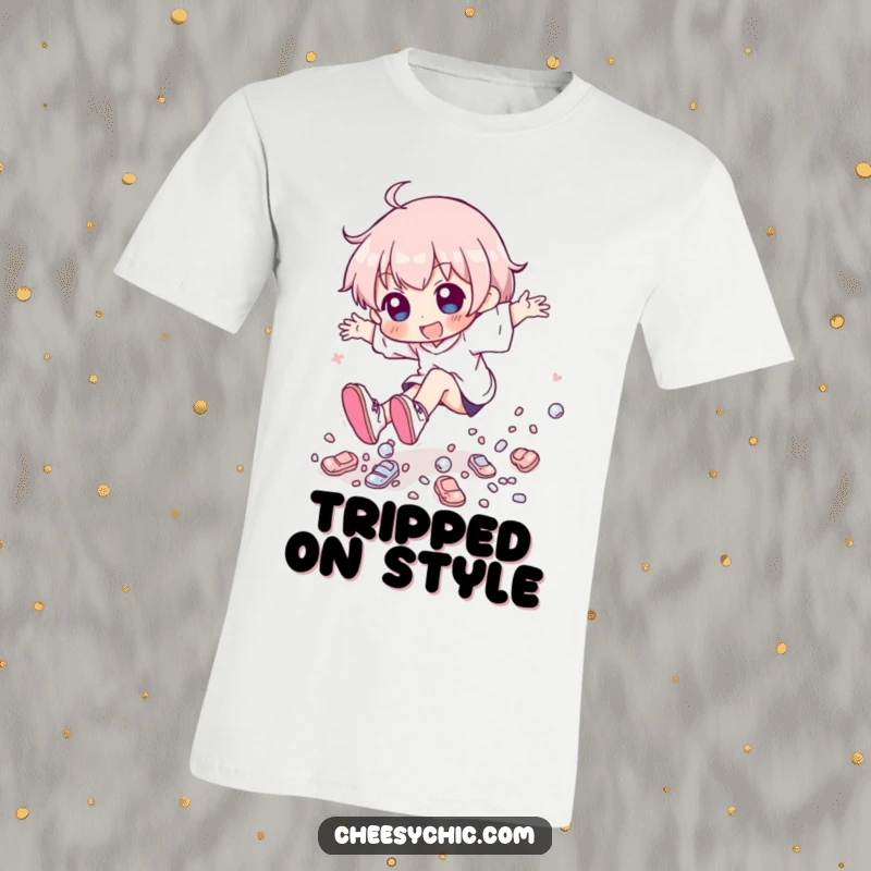 Funny character in a playful trip, with a shower of tiny, shiny shoes falling around, wearing a t-shirt.