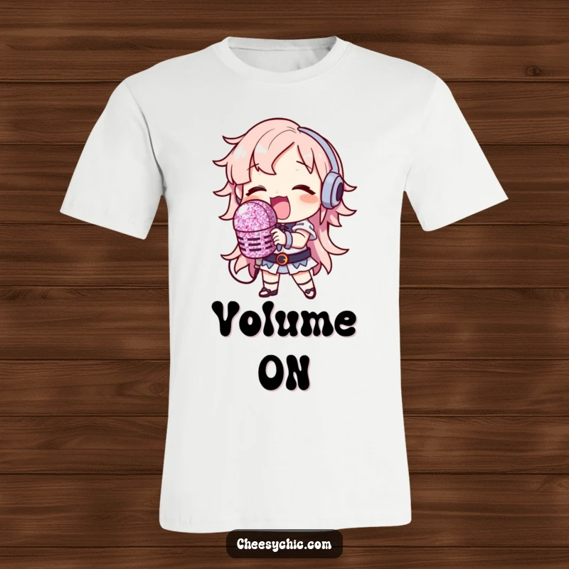Funny T-Shirt: Character holding a huge glitter microphone, singing loudly with passion and flair.