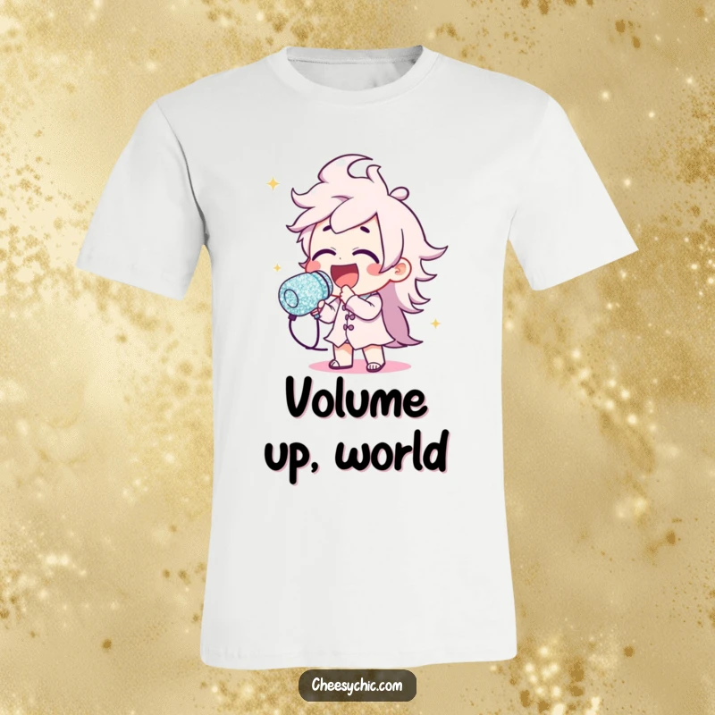 Funny t-shirt featuring a character passionately singing into an enormous, glitter-encrusted microphone, embodying rockstar energy.