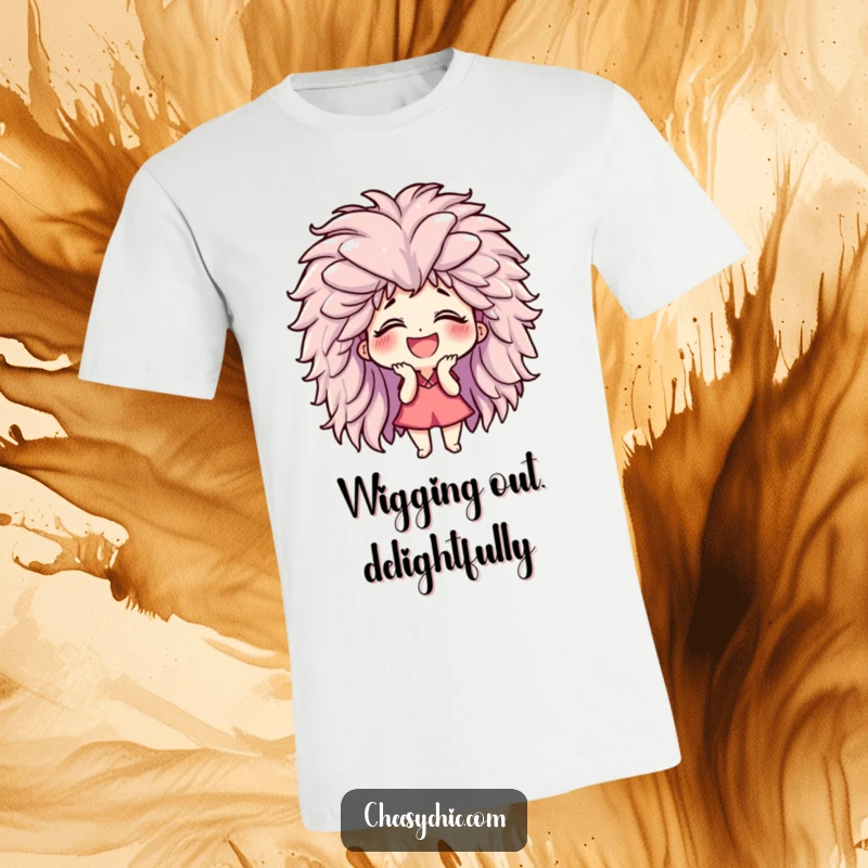 Funny t-shirt with a small stylized character giggling uncontrollably, a giant fluffy wig obscuring their face, radiating pure comedic fun.