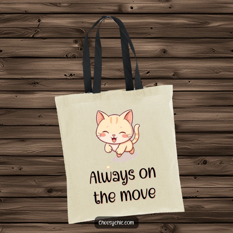 Funny tote bag with a cute cat intensely chasing a red laser dot across the floor, energetic and humorous accessory.