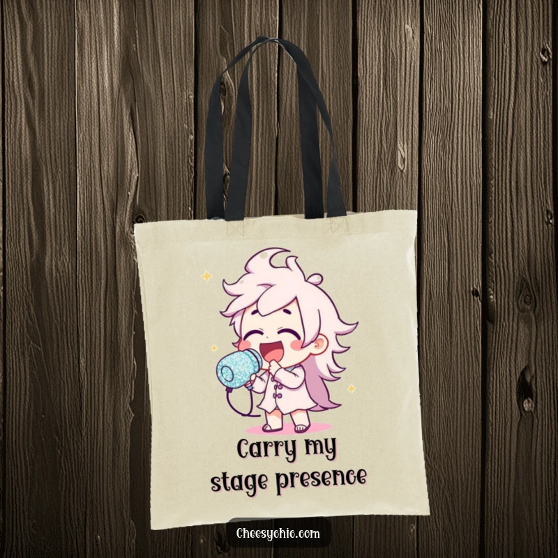 Funny tote bag depicting a character singing their heart out with a massive, glittery microphone, ready for any adventure.